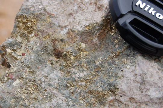 Detalle de la anterior. Oxidación de algunos granos de pirita a goethita.