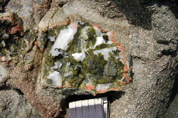 Detalle de la anterior. Aquí se aprecia además la presencia de clorita verde oscuro. Note el fuerte carácter porfírico de la andesita marcado por la presencia de plagioclasa (rectángulos blancos).