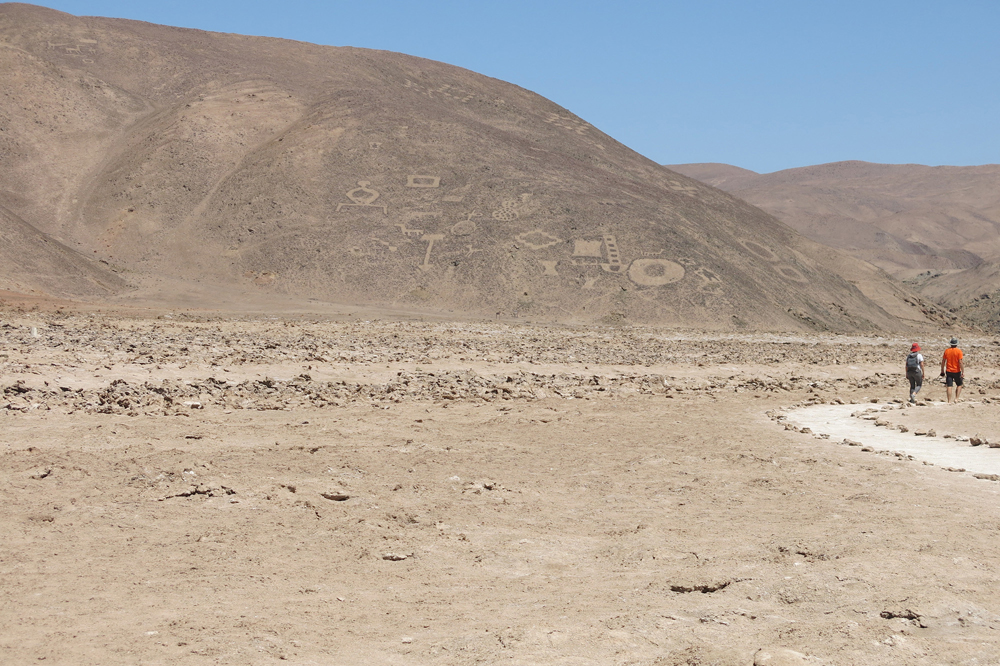 The trail that allows visitors to see the geoglyphs is located above the salt flats.