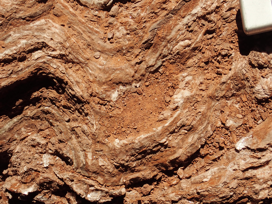 Valle del Arcoíris, finas capas de yesos en lutitas rojas de Tonel.