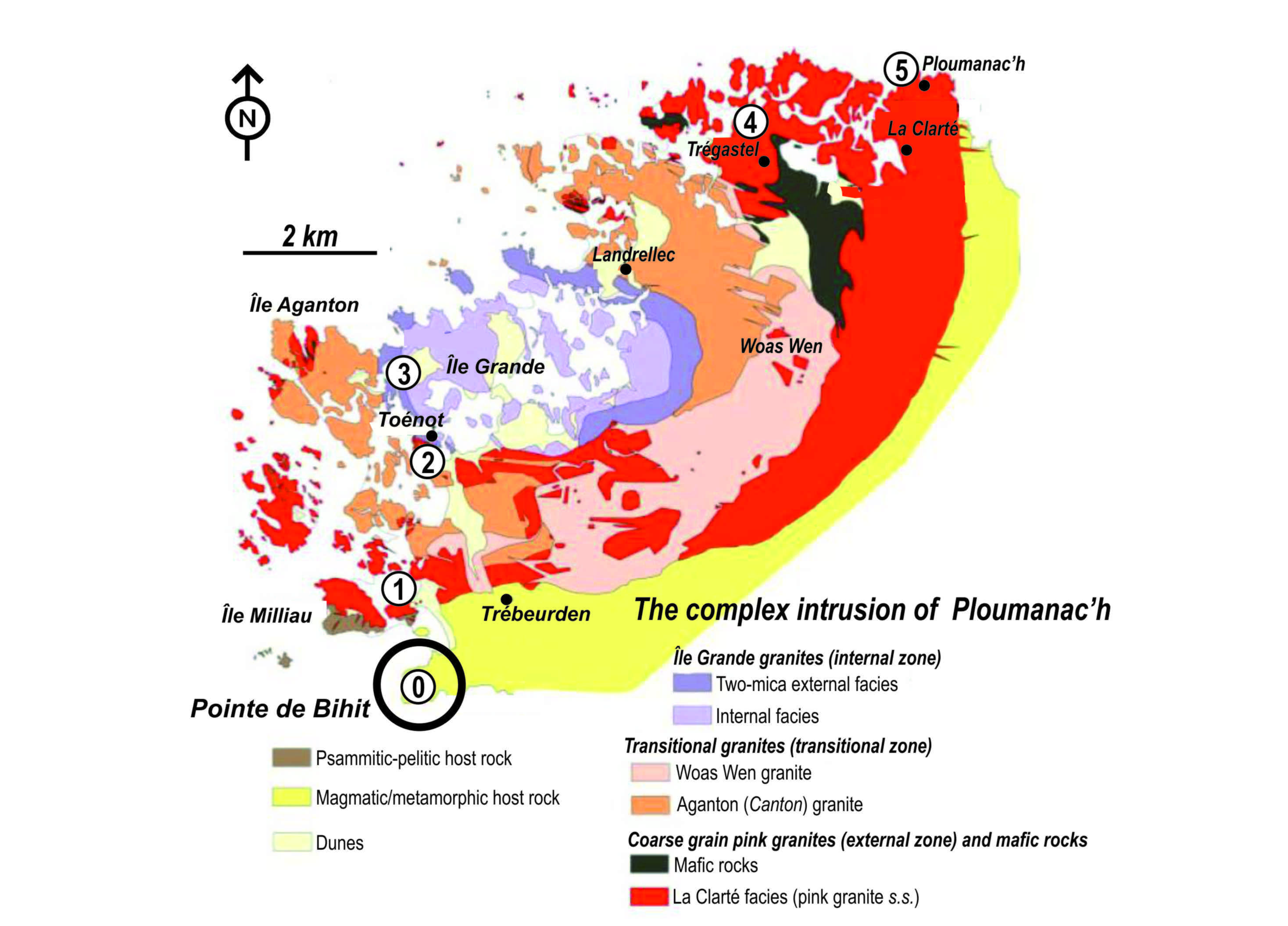 Site 0. Pointe de Bihit, the metamorphic host rocks. Geological map: Barriêre (1977; original figure), taking from Santarelli (2011).