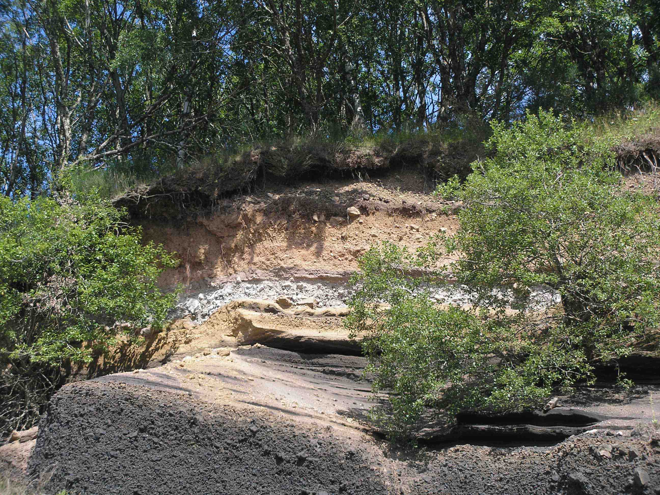 De base a techo: piroclásticos gruesos de Lemptégy 2, cenizas del Puy de Côme (16.000 años) y piroclásticos de flujo del Puy Chopine (9.500 años).