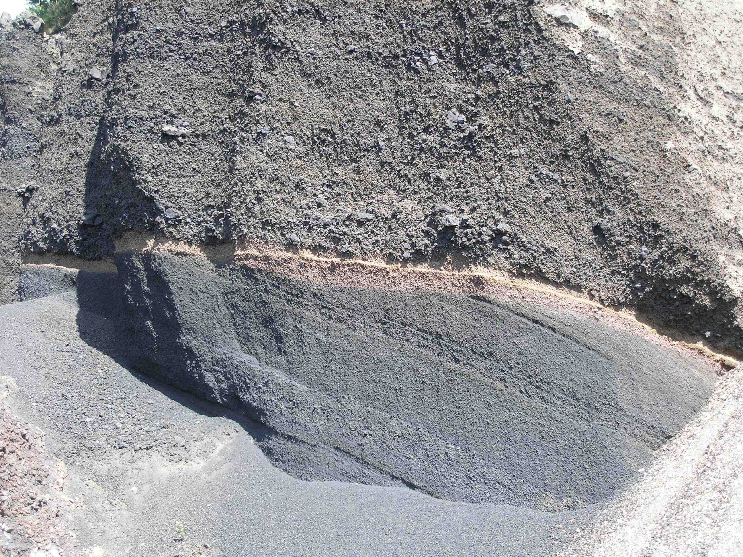 Detalle que muestra el nivel de cenizas del Puy de Gouttes separando Lemptégy 1 y 2.